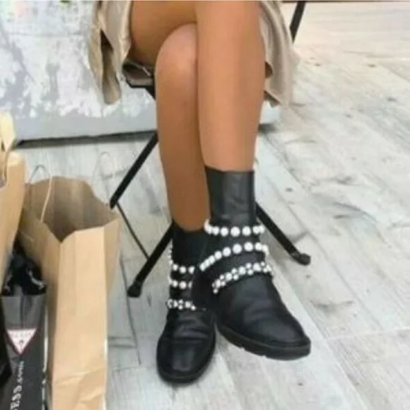 NWT Zara Black Leather Faux Pearl Accents Ankle Boots Size 38 - Picture 4 of 13
